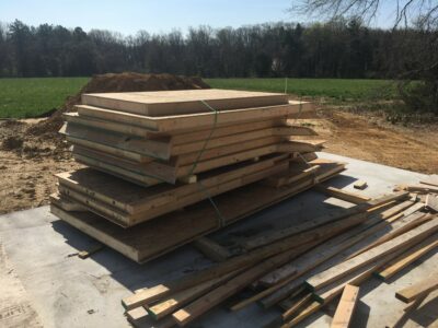 A stack of panelized walls, or SIPs, ready to install
